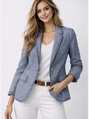 J. Crew Chambray Regent Light Blue Ruffle-Trim Single-Button Blazer 100% Cotton